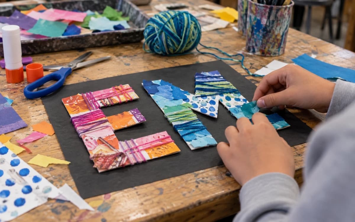 A student's mixed-media name artwork
